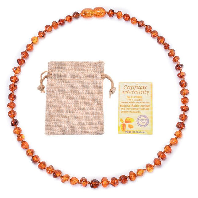 Genuine Baltic Amber Necklace for Baby & Toddler - 33cm Hand Knotted Cherry Beads - Natural Certified Jewellery with Pouch.
