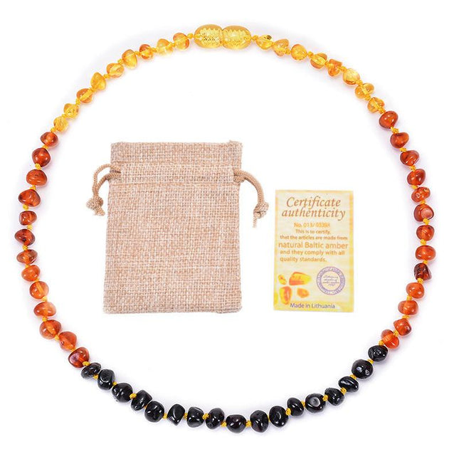 Genuine Baltic Amber Necklace for Baby & Toddler - 33cm Hand Knotted Rainbow Beads - Natural Multi-Coloured Jewellery with Pouch.