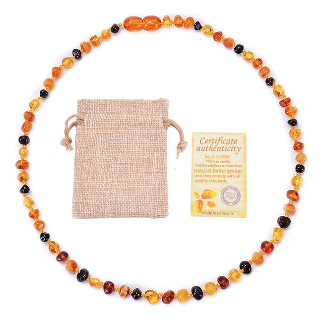 Genuine Baltic Amber Necklace for Baby & Toddler - 33cm Hand Knotted Multi-Colour Mixed Beads - Certified Natural Jewellery with Pouch.