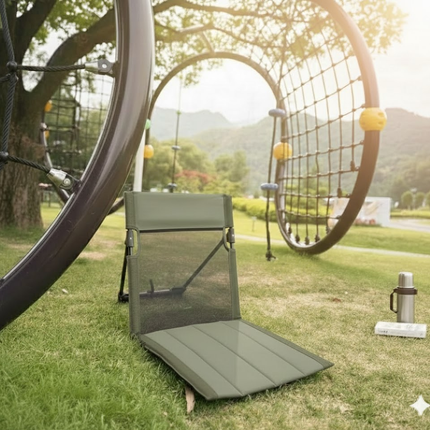 Portable Ground Chair with Back Support - Foldable Outdoor Floor Seat with Sturdy Iron Frame - Dark Green Oxford Fabric for Picnics, Festivals & Camping.