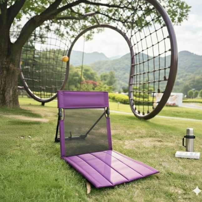 Portable Ground Chair with Back Support - Foldable Outdoor Floor Seat with Sturdy Iron Frame - Purple Oxford Fabric for Picnics, Festivals & Camping.