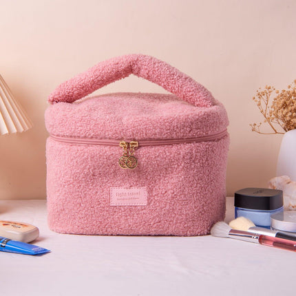 Large Plush Teddy Fleece Cosmetic Bag - Soft Sherpa Makeup Case with Handle - Pink Travel Toiletry Organiser (26cm).