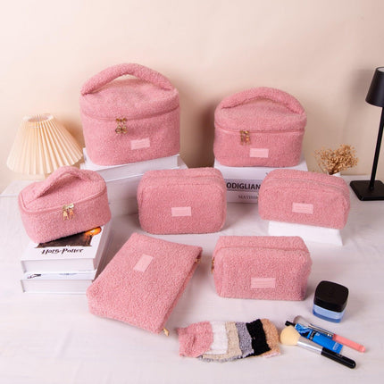 Large Plush Teddy Fleece Cosmetic Bag - Soft Sherpa Makeup Case with Handle - Pink Travel Toiletry Organiser (26cm).