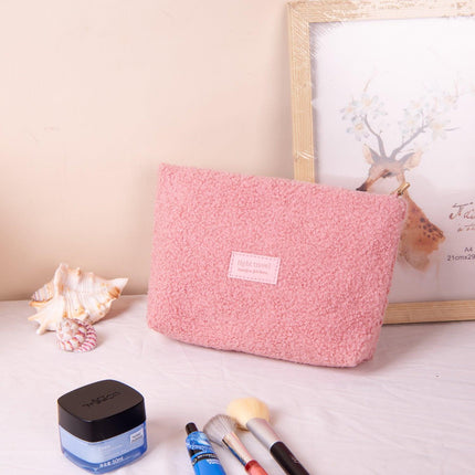 Medium Pink Teddy Fleece Cosmetic Pouch - Soft Sherpa Flat Makeup Bag & Travel Clutch - Multi-purpose Organiser (26cm x 18cm).