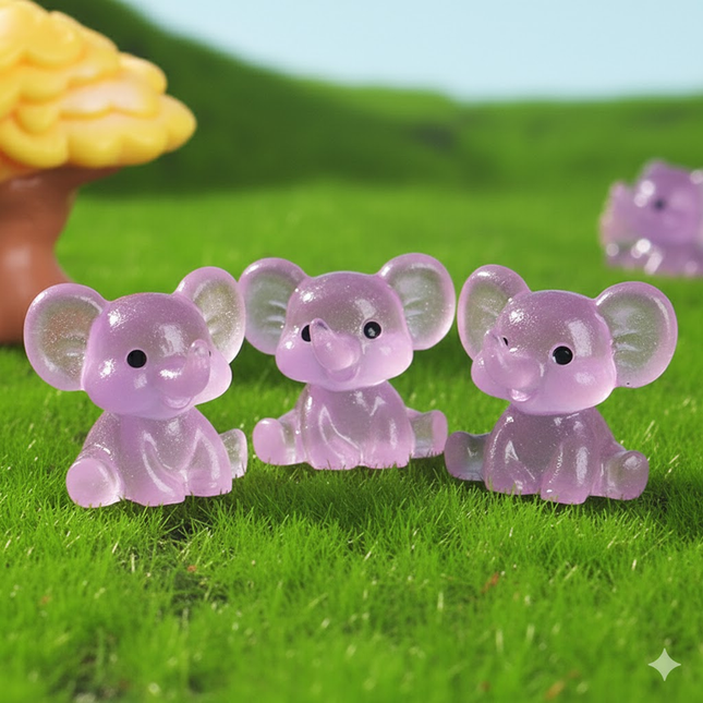 3 PCS Set Mini Luminous Purple Elephant Figurines Split Pose Glow in the Dark Resin Ornaments for Micro Landscape Garden and Desk Decor.