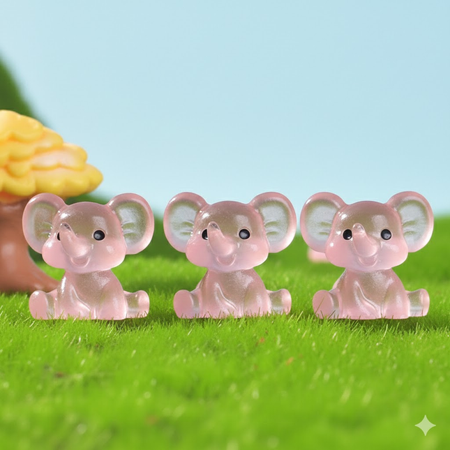 3 PCS Set Mini Luminous Pink Elephant Figurines Split Pose Glow in the Dark Resin Ornaments for Micro Landscape Garden and Desk Decor.
