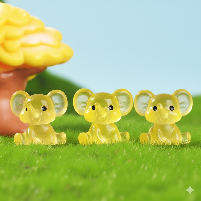 3 PCS Set Mini Luminous Yellow Elephant Figurines Split Pose Glow in the Dark Resin Ornaments for Micro Landscape Garden and Desk Decor.