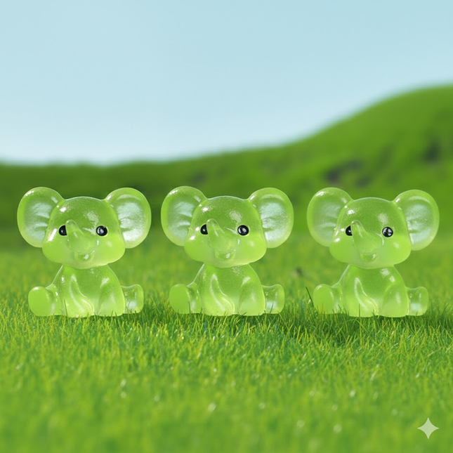 3 PCS Set Mini Luminous Green Elephant Figurines Split Pose Glow in the Dark Resin Ornaments for Micro Landscape Garden and Desk Decor.