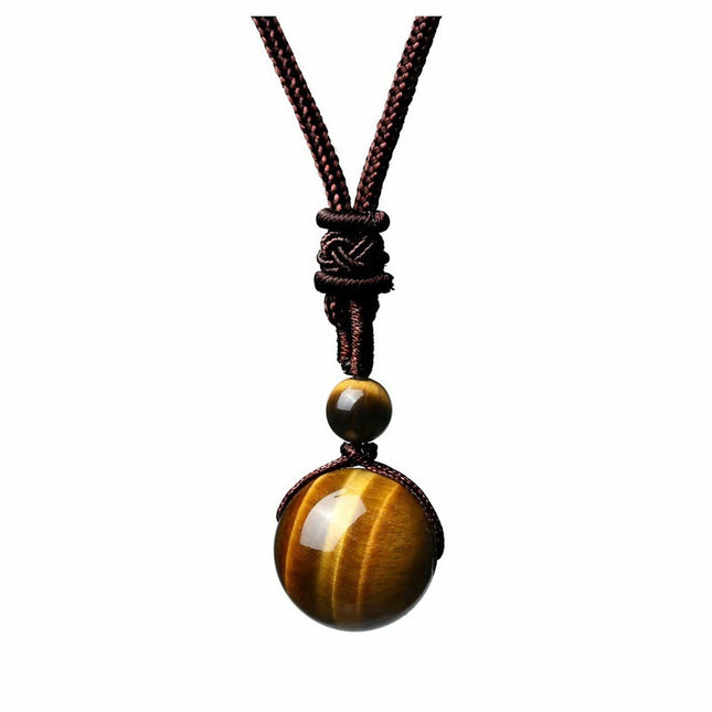 Handmade Woven Tiger Eye Stone Pendant Necklace Vintage Natural 10mm Gemstone Jewelry for Men and Women Simple Retro Style Accessory.
