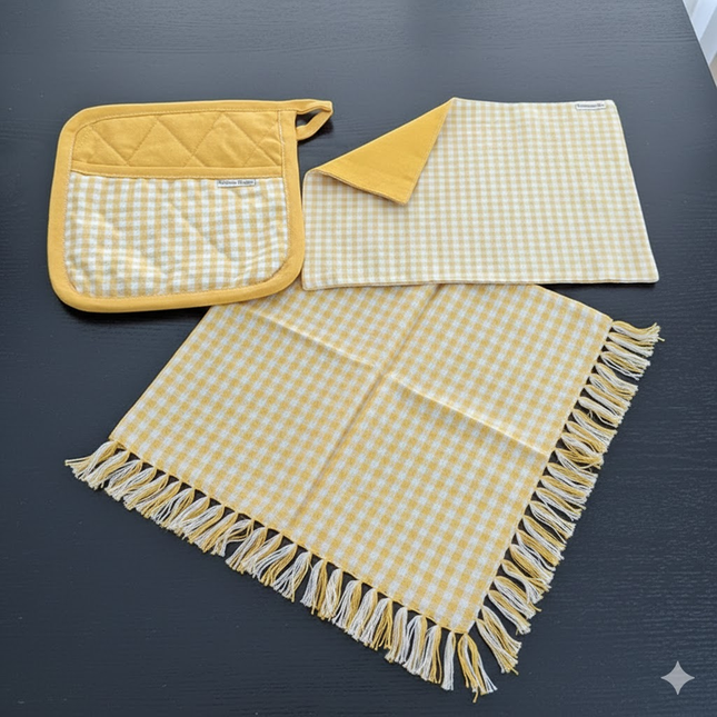 3-Piece Yellow Gingham Cotton Kitchen Linen Set - Reversible Placemat, Fringed Napkin & Quilted Pot Holder - Yarn Dyed Checkered Dining Bundle.