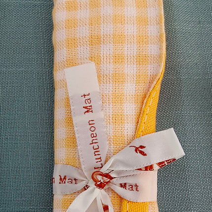 3-Piece Yellow Gingham Cotton Kitchen Linen Set - Reversible Placemat, Fringed Napkin & Quilted Pot Holder - Yarn Dyed Checkered Dining Bundle.
