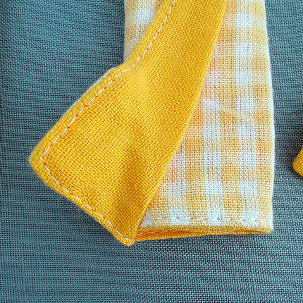 3-Piece Yellow Gingham Cotton Kitchen Linen Set - Reversible Placemat, Fringed Napkin & Quilted Pot Holder - Yarn Dyed Checkered Dining Bundle.