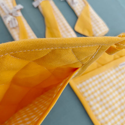 3-Piece Yellow Gingham Cotton Kitchen Linen Set - Reversible Placemat, Fringed Napkin & Quilted Pot Holder - Yarn Dyed Checkered Dining Bundle.