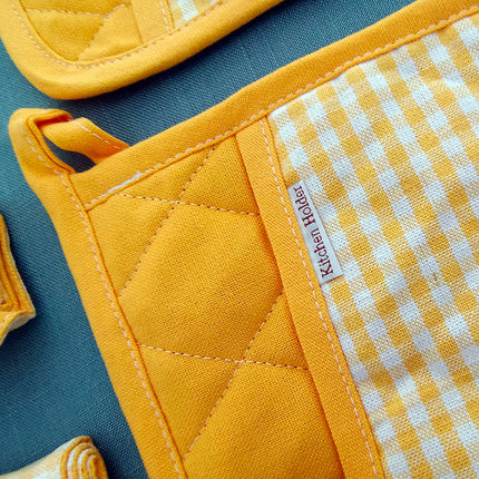 3-Piece Yellow Gingham Cotton Kitchen Linen Set - Reversible Placemat, Fringed Napkin & Quilted Pot Holder - Yarn Dyed Checkered Dining Bundle.