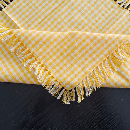 3-Piece Yellow Gingham Cotton Kitchen Linen Set - Reversible Placemat, Fringed Napkin & Quilted Pot Holder - Yarn Dyed Checkered Dining Bundle.