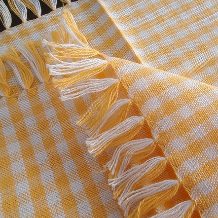 3-Piece Yellow Gingham Cotton Kitchen Linen Set - Reversible Placemat, Fringed Napkin & Quilted Pot Holder - Yarn Dyed Checkered Dining Bundle.