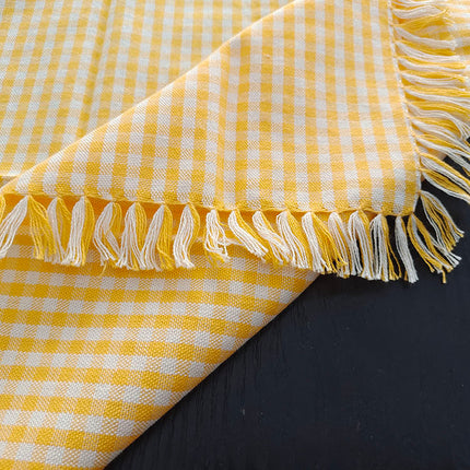 3-Piece Yellow Gingham Cotton Kitchen Linen Set - Reversible Placemat, Fringed Napkin & Quilted Pot Holder - Yarn Dyed Checkered Dining Bundle.