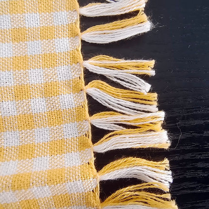 3-Piece Yellow Gingham Cotton Kitchen Linen Set - Reversible Placemat, Fringed Napkin & Quilted Pot Holder - Yarn Dyed Checkered Dining Bundle.