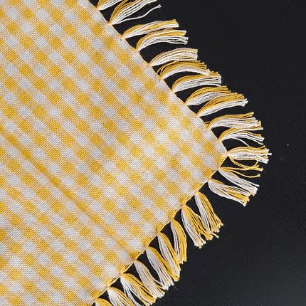 3-Piece Yellow Gingham Cotton Kitchen Linen Set - Reversible Placemat, Fringed Napkin & Quilted Pot Holder - Yarn Dyed Checkered Dining Bundle.
