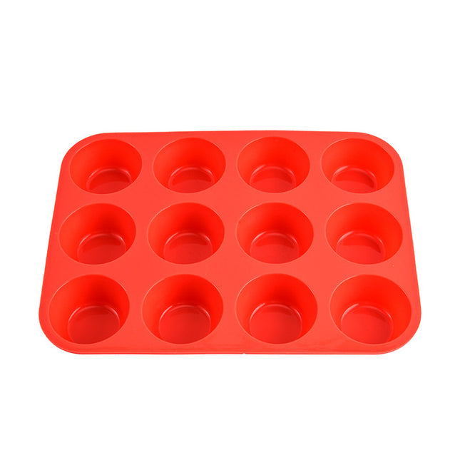 12-Cup Silicone Muffin Pan - Non-Stick Red Baking Mould for Cupcakes, Egg Bites & Tarts - Food Grade, Heat Resistant & Dishwasher Safe (29.5cm).