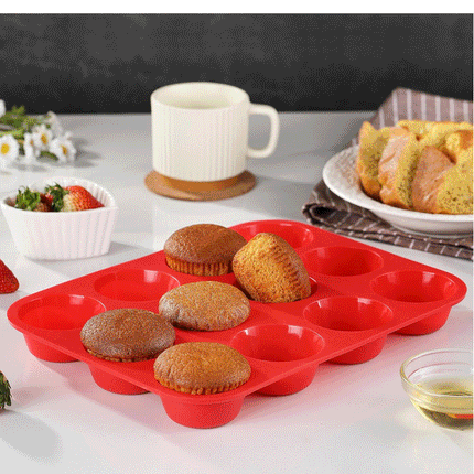12-Cup Silicone Muffin Pan - Non-Stick Red Baking Mould for Cupcakes, Egg Bites & Tarts - Food Grade, Heat Resistant & Dishwasher Safe (29.5cm).