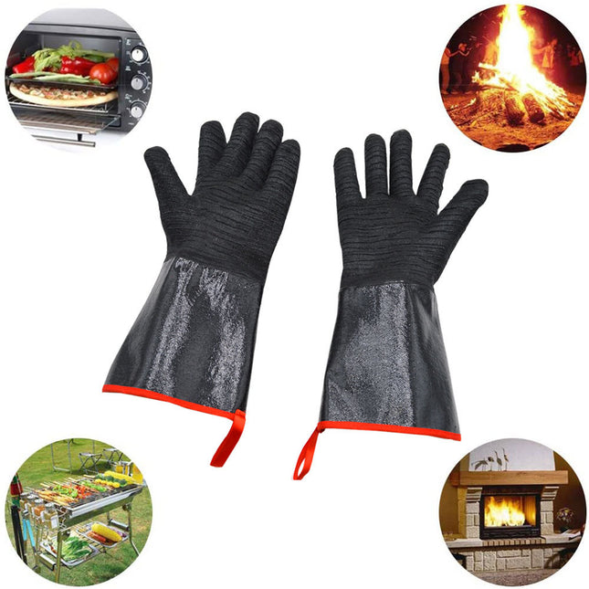 14 Inch Neoprene Heat Resistant BBQ Gloves - Waterproof & Oil Proof Long Sleeve Mitts - Extreme Heat Protection for Grilling, Boiling Water & Industrial Use (Black).
