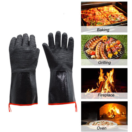 14 Inch Neoprene Heat Resistant BBQ Gloves - Waterproof & Oil Proof Long Sleeve Mitts - Extreme Heat Protection for Grilling, Boiling Water & Industrial Use (Black).