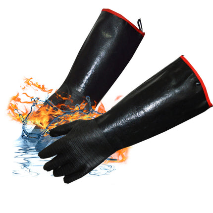 14 Inch Neoprene Heat Resistant BBQ Gloves - Waterproof & Oil Proof Long Sleeve Mitts - Extreme Heat Protection for Grilling, Boiling Water & Industrial Use (Black).
