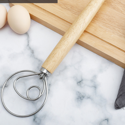 Danish Dough Whisk with Long Oak Handle - 13 Inch Stainless Steel Bread Mixer Tool for Sourdough, Pizza & Pastry - Heavy Duty Hand Held Flour Blender (Single Loop Design).