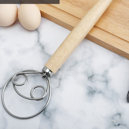 Double Loop Danish Dough Whisk with Long Oak Handle - 13 Inch Stainless Steel Bread Mixer Tool for Sourdough & Heavy Batter - Hand Held Flour Blender (Two Eye Design).
