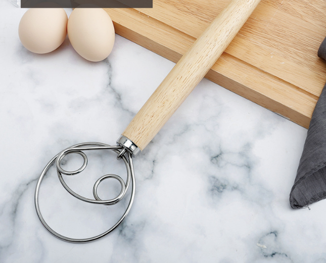 Double Loop Danish Dough Whisk with Long Oak Handle - 13 Inch Stainless Steel Bread Mixer Tool for Sourdough & Heavy Batter - Hand Held Flour Blender (Two Eye Design).