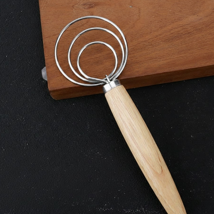 Triple Loop Danish Dough Whisk with Short Oak Handle - 9 Inch Compact Stainless Steel Mixer for Sourdough Starters, Eggs & Batter - Hand Held Flour Blender (3 Eye Design).