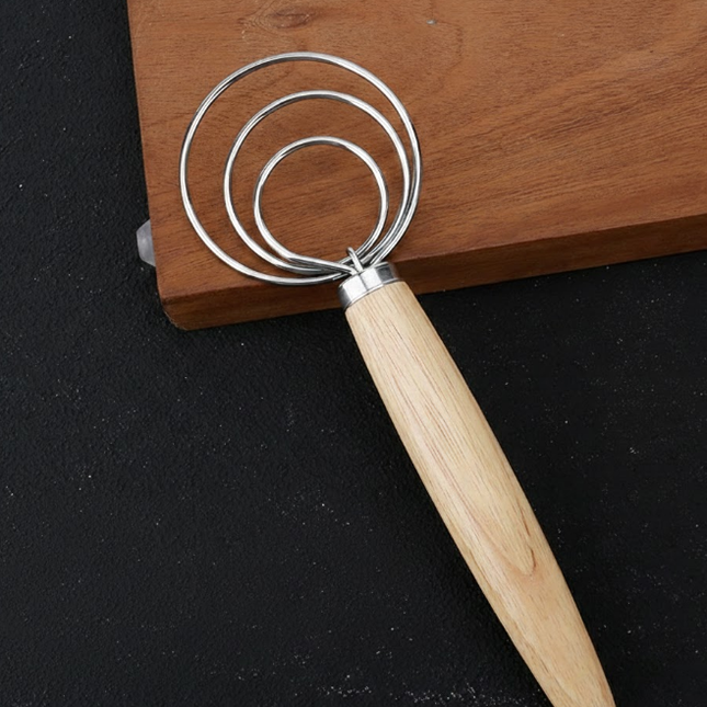 Triple Loop Danish Dough Whisk with Short Oak Handle - 9 Inch Compact Stainless Steel Mixer for Sourdough Starters, Eggs & Batter - Hand Held Flour Blender (3 Eye Design).