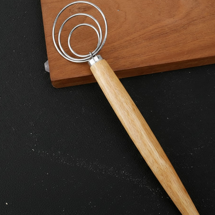 Triple Loop Danish Dough Whisk with Long Oak Handle - 13 Inch Stainless Steel Bread Mixer for Sourdough, Eggs & Batter - Hand Held Flour Blender (3 Eye Design).