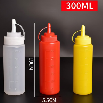 3 PCS Squeeze Sauce Bottles 300ml Plastic Condiment Dispensers for Kitchen BBQ & Cafe Refillable Ketchup Mustard Containers White&Red&Yellow.
