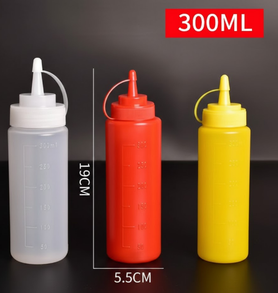 3 PCS Squeeze Sauce Bottles 300ml Plastic Condiment Dispensers for Kitchen BBQ & Cafe Refillable Ketchup Mustard Containers White&Red&Yellow.