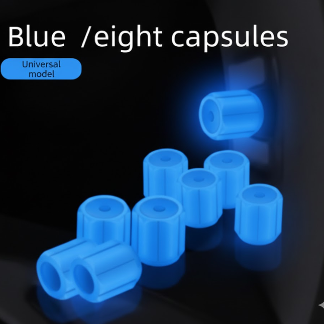 Universal Luminous Tyre Valve Caps 8 PCS Blue Glow in Dark Dust Covers for Cars Motorbikes & Bicycles Easy Install.