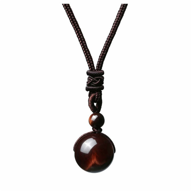 Natural Red Tiger Eye Necklace 12mm Round Stone Pendant Hand Braided Rope Lucky Protection Amulet Jewellery Gift for Men & Women.
