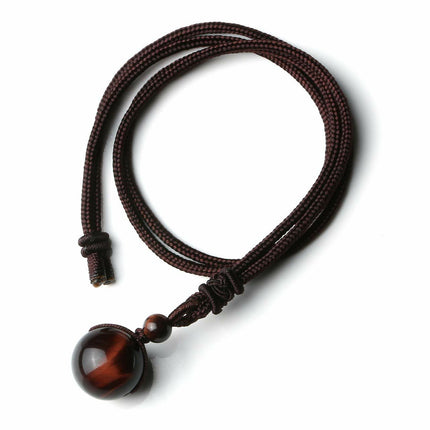 Natural Red Tiger Eye Necklace 14mm Round Stone Pendant Hand Braided Rope Lucky Protection Amulet Jewellery Gift for Men & Women.