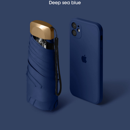 Compact Mini Pocket Umbrella UPF50+ Sun Protection Lightweight Travel Parasol - Windproof 5-Fold Rain Shade with Flat Gold Handle (Deep Sea Blue).