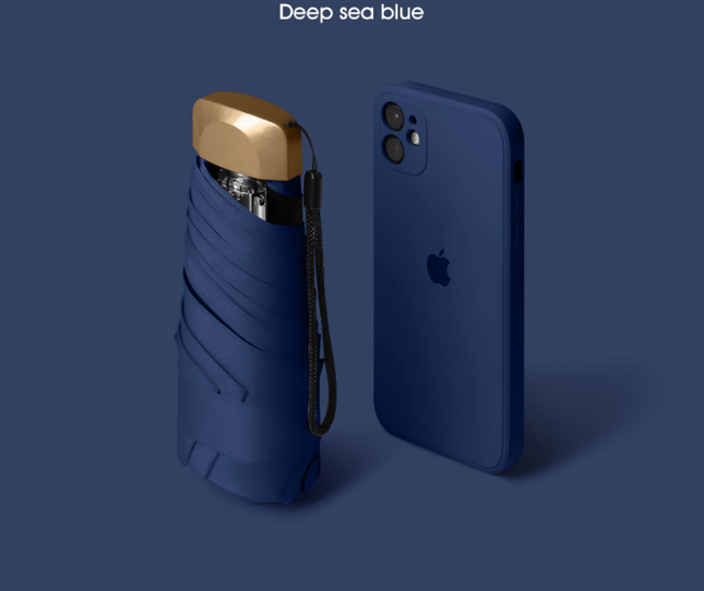 Compact Mini Pocket Umbrella UPF50+ Sun Protection Lightweight Travel Parasol - Windproof 5-Fold Rain Shade with Flat Gold Handle (Deep Sea Blue).
