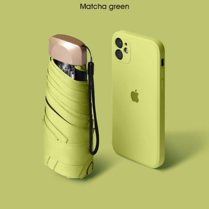 Compact Mini Pocket Umbrella UPF50+ Sun Protection Lightweight Travel Parasol - Windproof 5-Fold Rain Shade with Flat Gold Handle (Matcha Green).