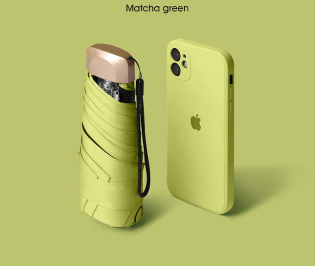 Compact Mini Pocket Umbrella UPF50+ Sun Protection Lightweight Travel Parasol - Windproof 5-Fold Rain Shade with Flat Gold Handle (Matcha Green).
