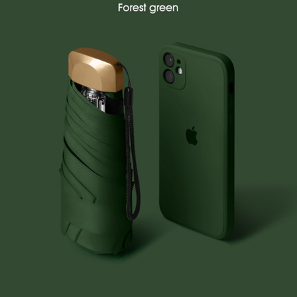 Compact Mini Pocket Umbrella UPF50+ Sun Protection Lightweight Travel Parasol - Windproof 5-Fold Rain Shade with Flat Gold Handle (Forest Green).