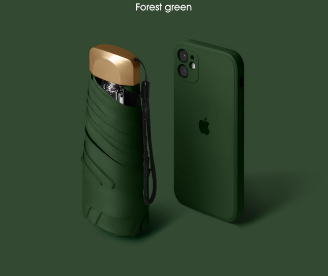 Compact Mini Pocket Umbrella UPF50+ Sun Protection Lightweight Travel Parasol - Windproof 5-Fold Rain Shade with Flat Gold Handle (Forest Green).