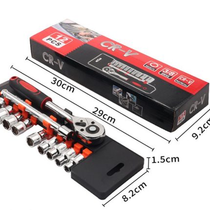 12 Piece 3/8 Inch Drive Ratchet and Metric Socket Wrench Set Professional Mechanics Tool Kit for Automotive Repair and DIY Workshop.