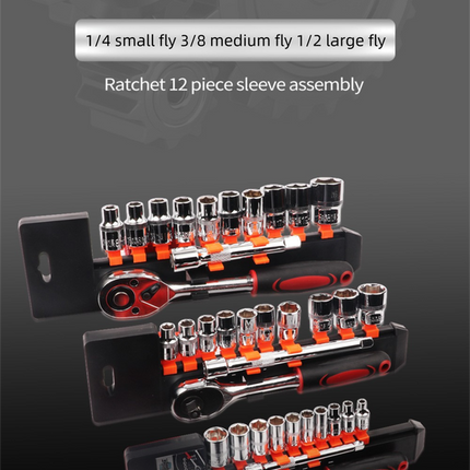 12 Piece 3/8 Inch Drive Ratchet and Metric Socket Wrench Set Professional Mechanics Tool Kit for Automotive Repair and DIY Workshop.