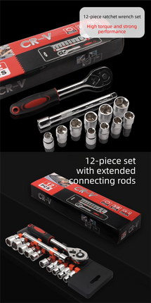 12 Piece 3/8 Inch Drive Ratchet and Metric Socket Wrench Set Professional Mechanics Tool Kit for Automotive Repair and DIY Workshop.