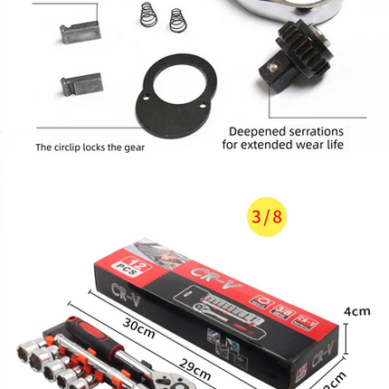 12 Piece 3/8 Inch Drive Ratchet and Metric Socket Wrench Set Professional Mechanics Tool Kit for Automotive Repair and DIY Workshop.