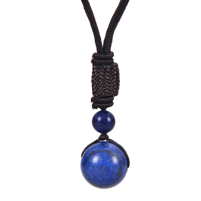 Natural Lapis Lazuli Pendant Necklace 12mm Bead Handmade Woven Adjustable Cord Retro Style for Men & Women Gift.
